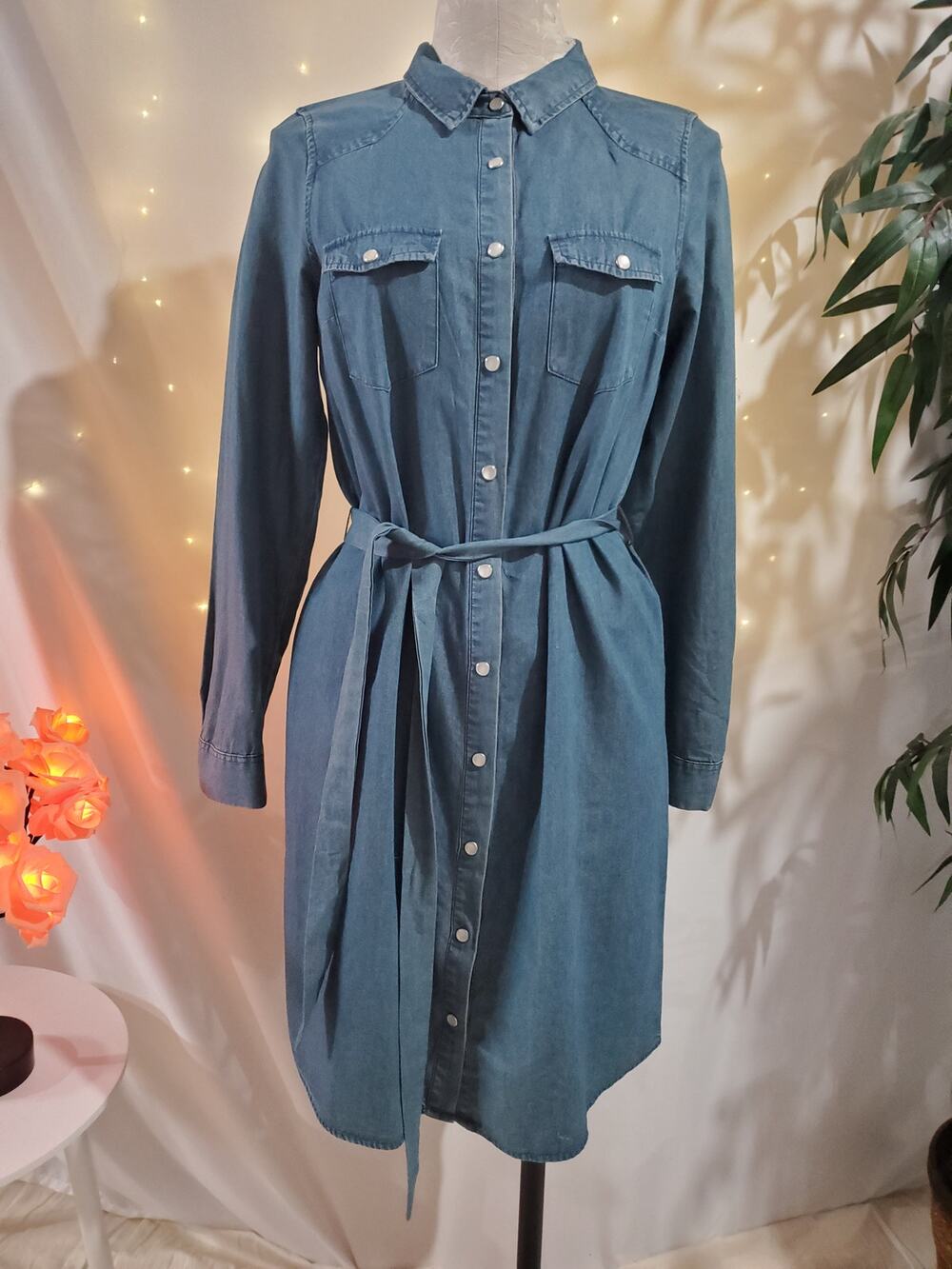 The Limited Pearl Snap Chambray Denim Dress Womens Size S Blue Coastal Cowgirl